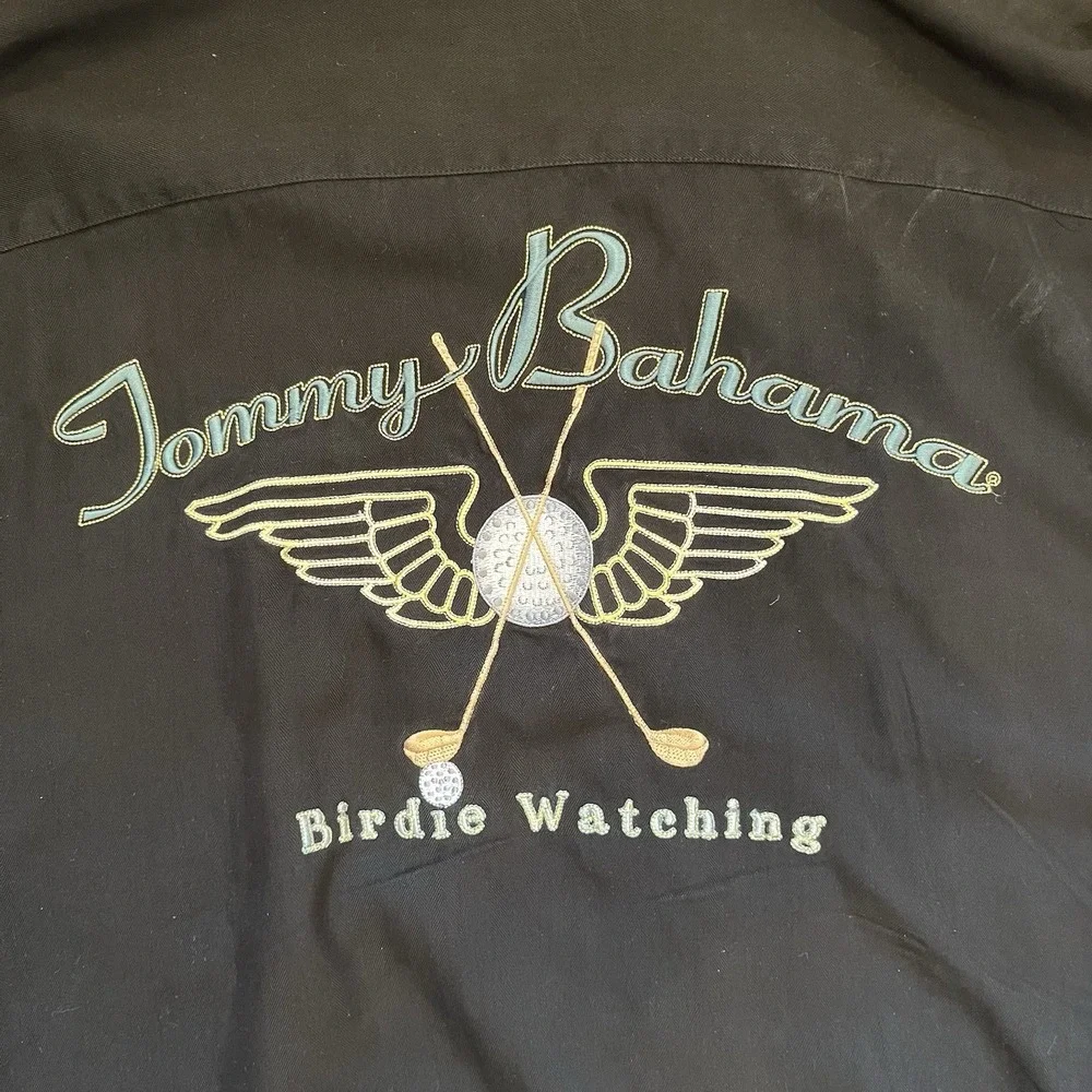 Tommy Bahama Silk Button Up Shirt Men's Large Black Golf "Birdie Watching" - Picture 2 of 10